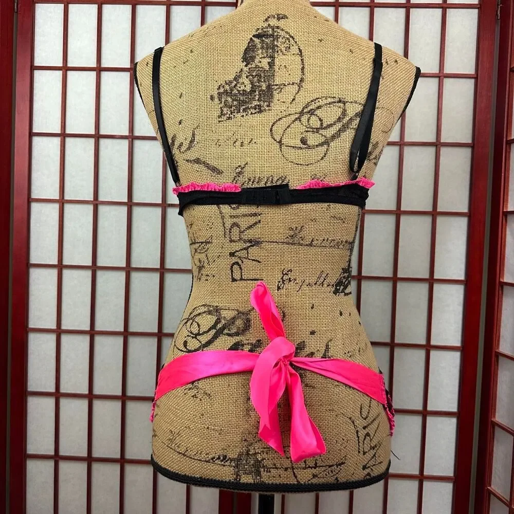 Y2K Black Hot Pink Ruffle Lace Bustier Maid Lingerie